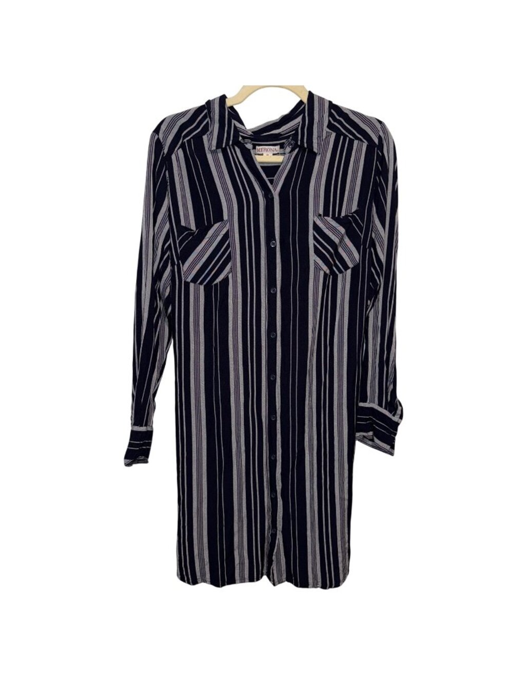 Merona Womens Button-Down Striped Shirt Dress XL Black & Gray Long Sleeve